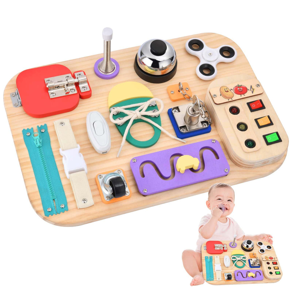 Potatomato Busy Board with 12 interactive elements for fine motor play