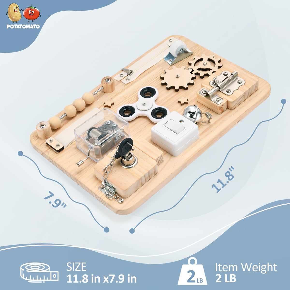 Potatomato Busy Board foldable stand in use offers versatile play on floor or table