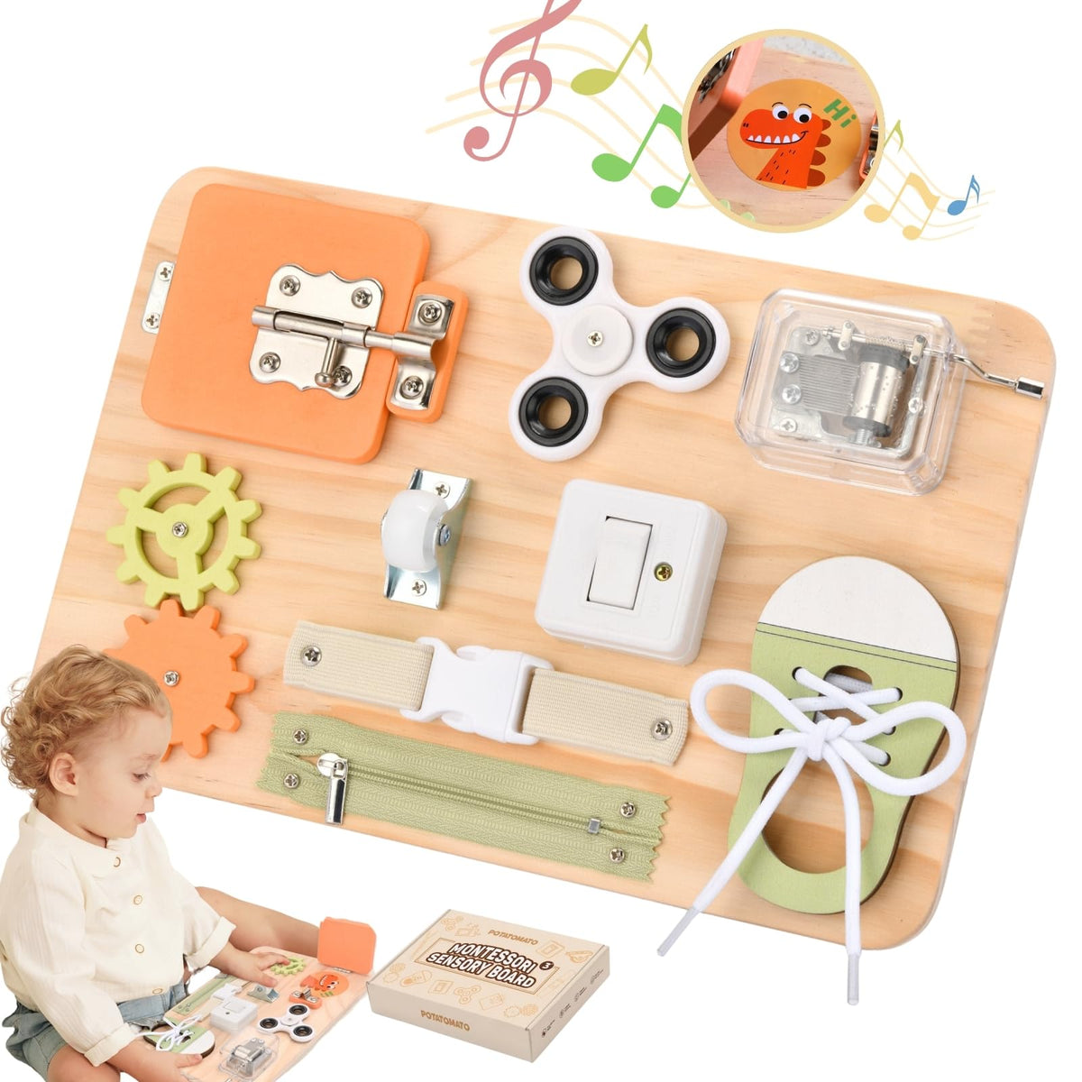 Potatomato Montessori Busy Board for toddlers with varied textures to boost fine motor skills