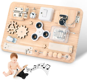 Potatomato Montessori Busy Board wooden activity closeup showing engaging sensory play and fine motor practice