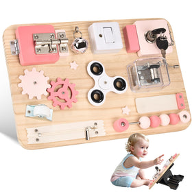 Potatomato Pink Montessori Busy Board front view supports fine motor skill development