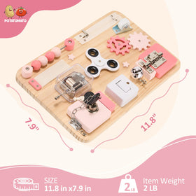 Potatomato Busy Board latch details enhance hand dexterity during play