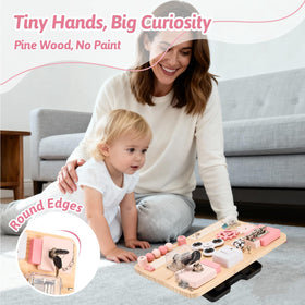Potatomato busy board travel stand supports quiet, on-the-go play on trips