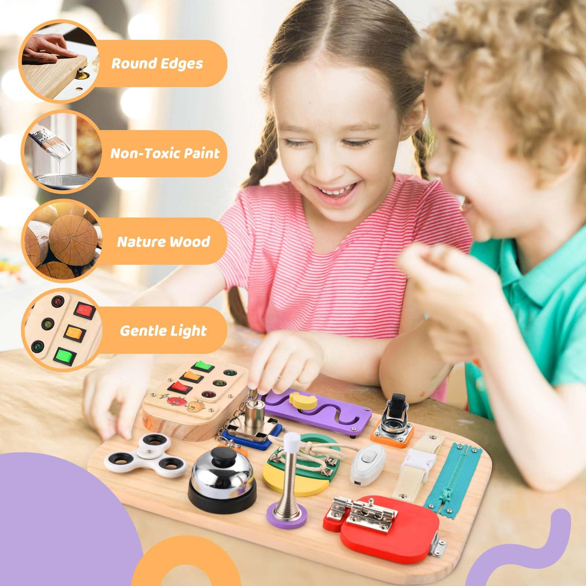 Potatomato toddler practicing fine motor skills with the busy board