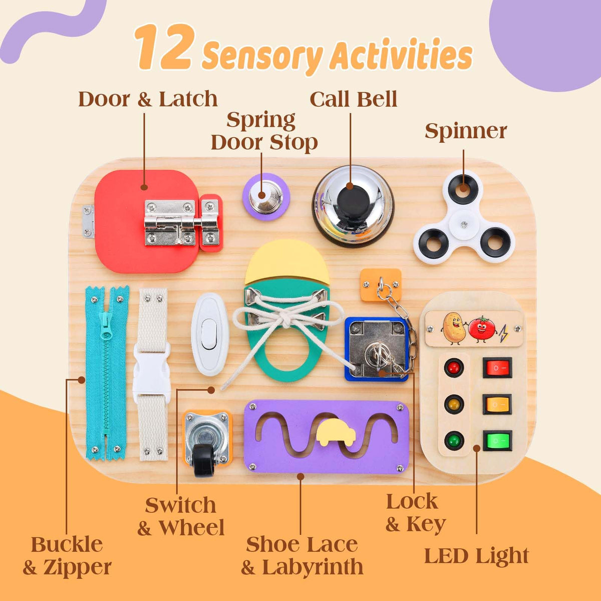 Potatomato wooden sensory board showing latches for toddler exploration