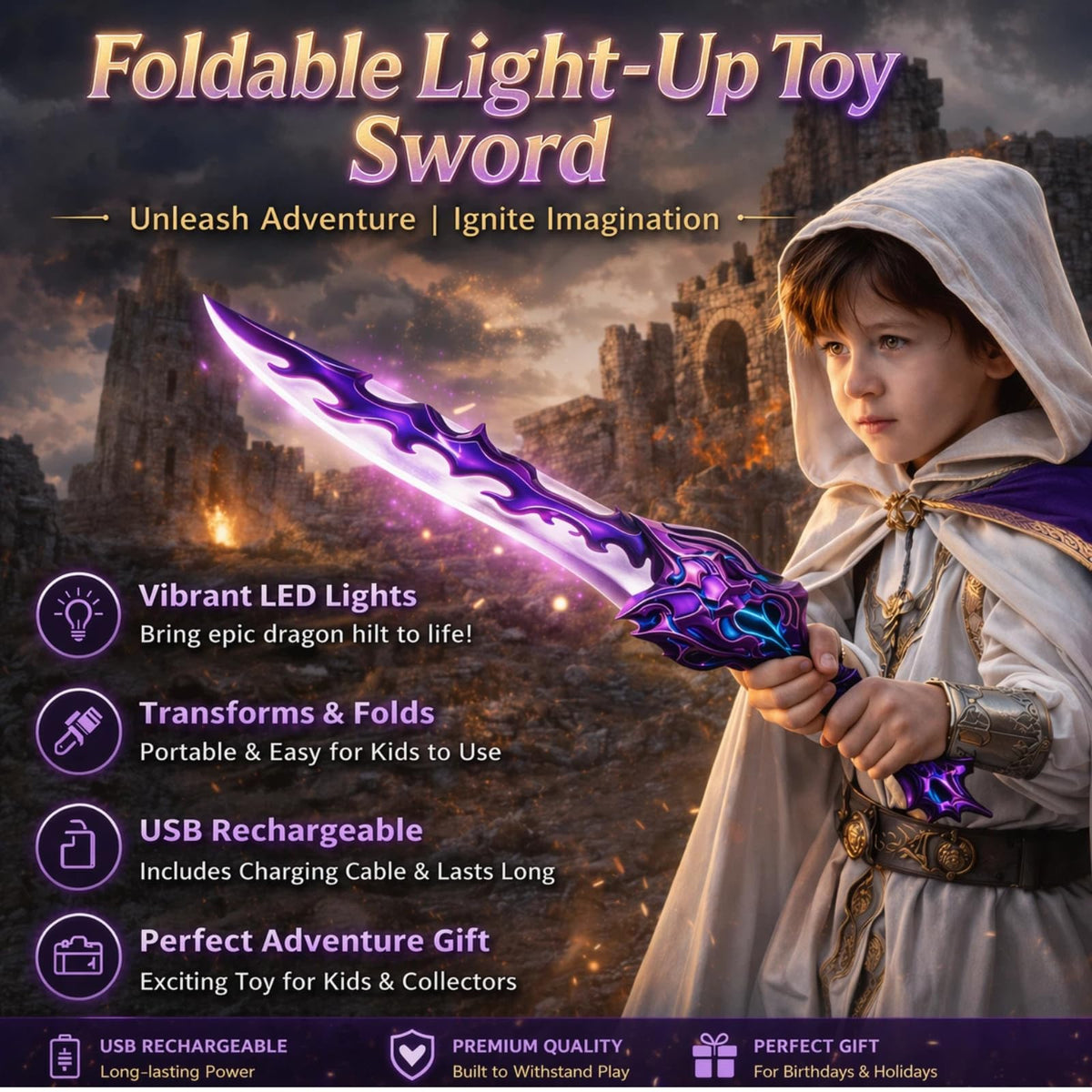 PotBrti light-up sword glows at night to heighten after-dark play.