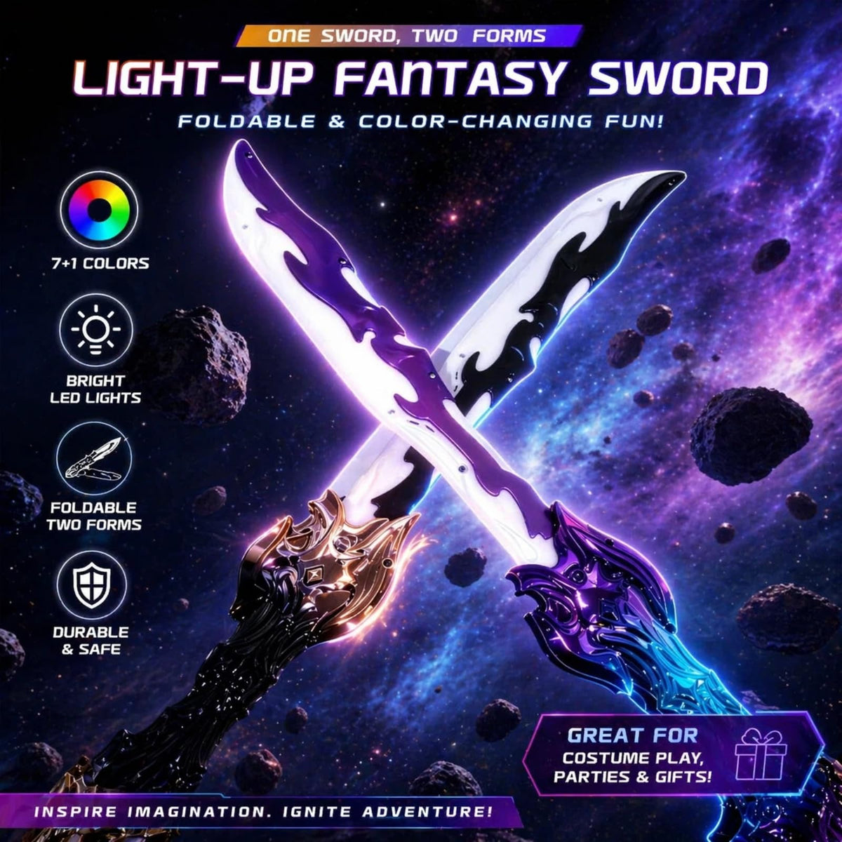 PotBrti light-up sword USB-C charging for easy reuse between sessions.