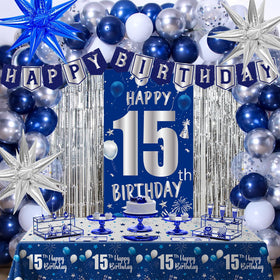 Pounira blue 15th door banner creates a festive entrance for a 15th birthday.