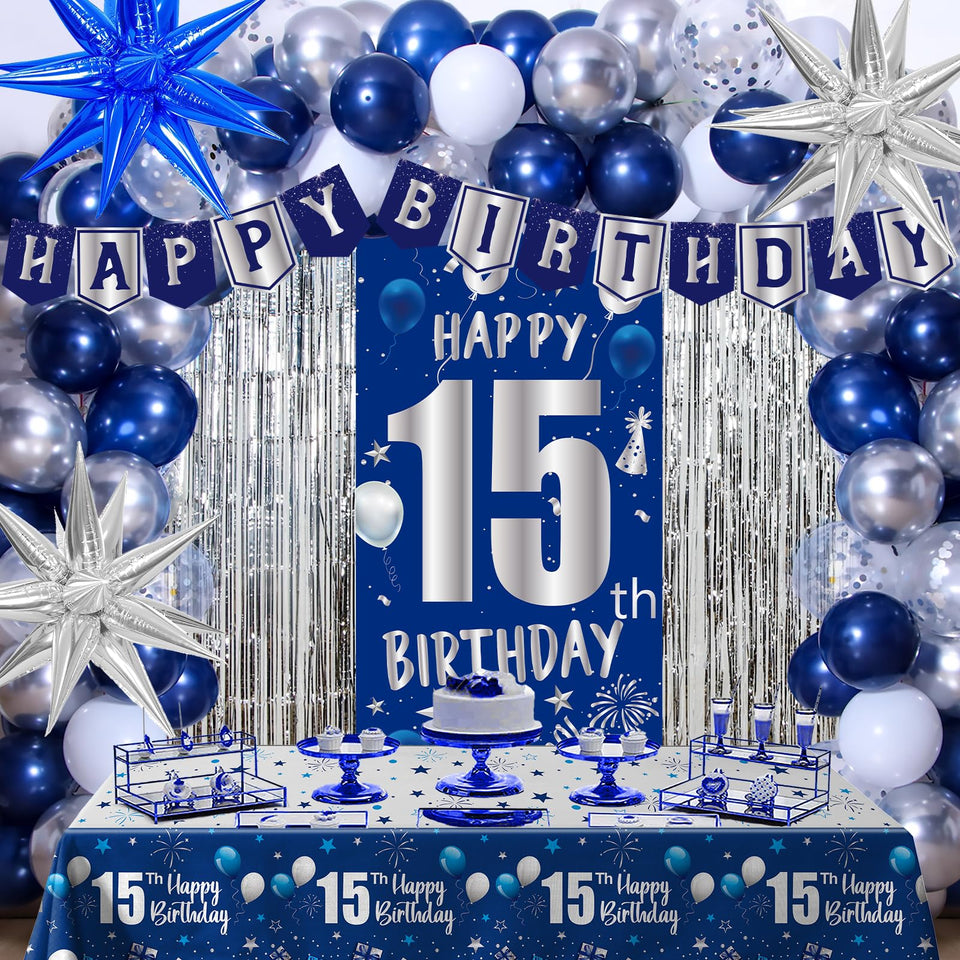 Pounira blue 15th door banner creates a festive entrance for a 15th birthday.