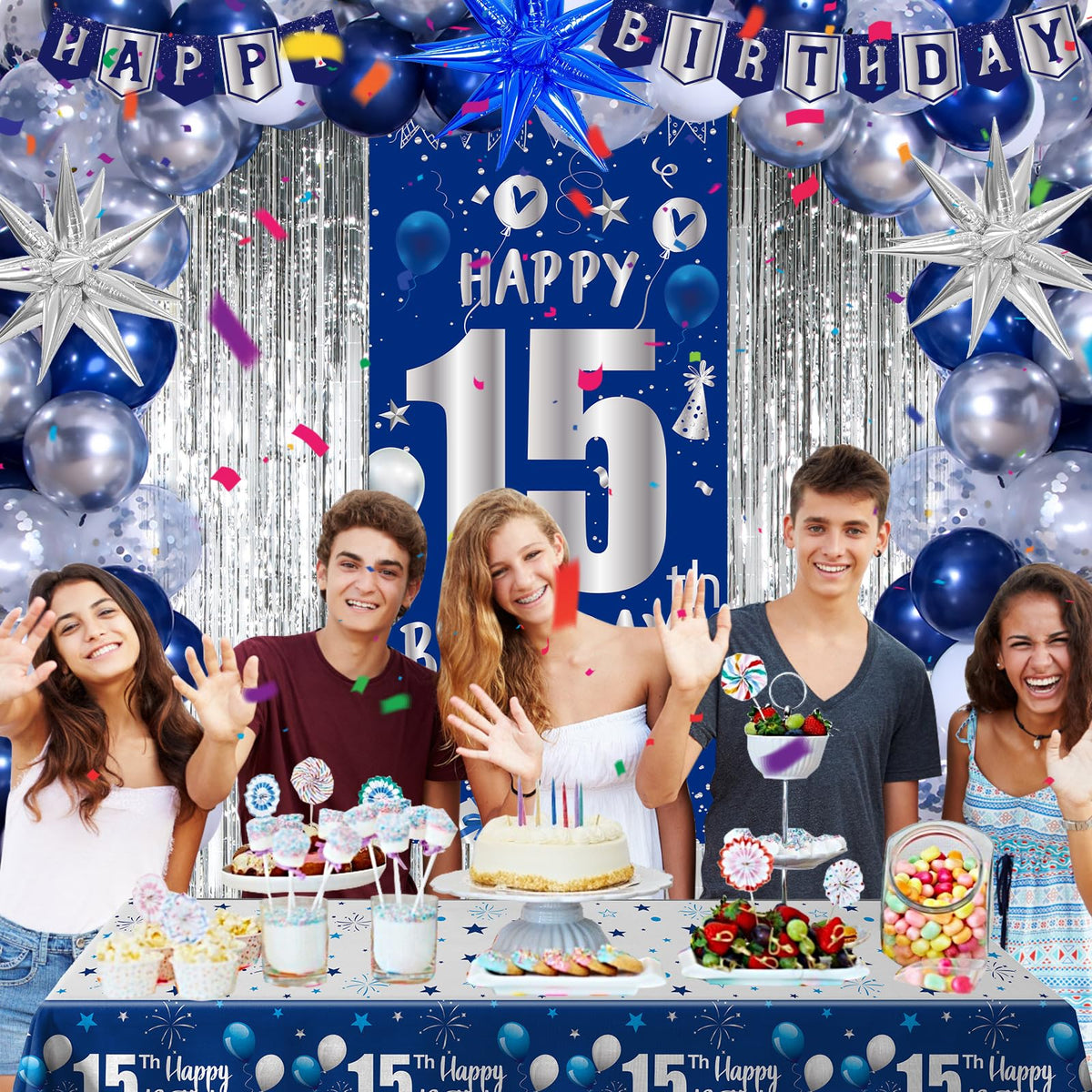 Pounira happy 15th birthday banner enhances party photos and decor.