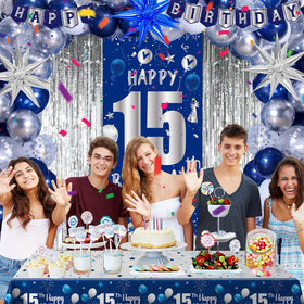 Pounira happy 15th birthday banner enhances party photos and decor.
