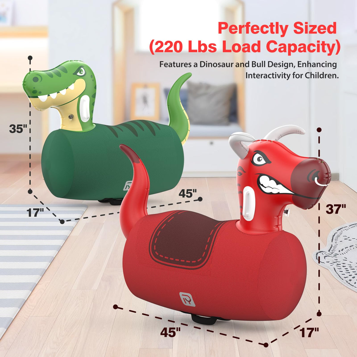 POVRYE inflatable bull ride-on toy, side view, designed for stable bouncing.