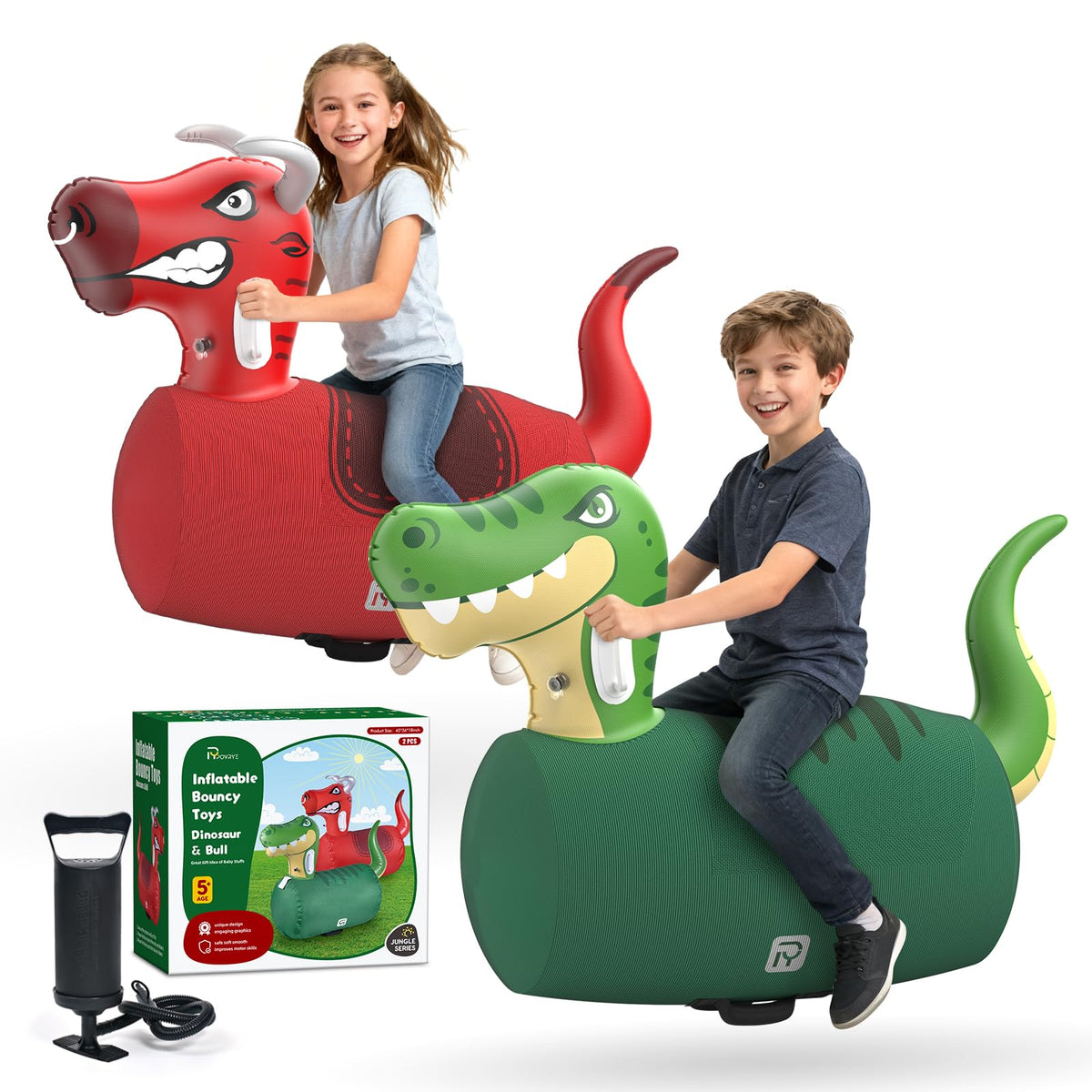 POVRYE inflatable dinosaur ride-on toy, front view, supports active outdoor play.