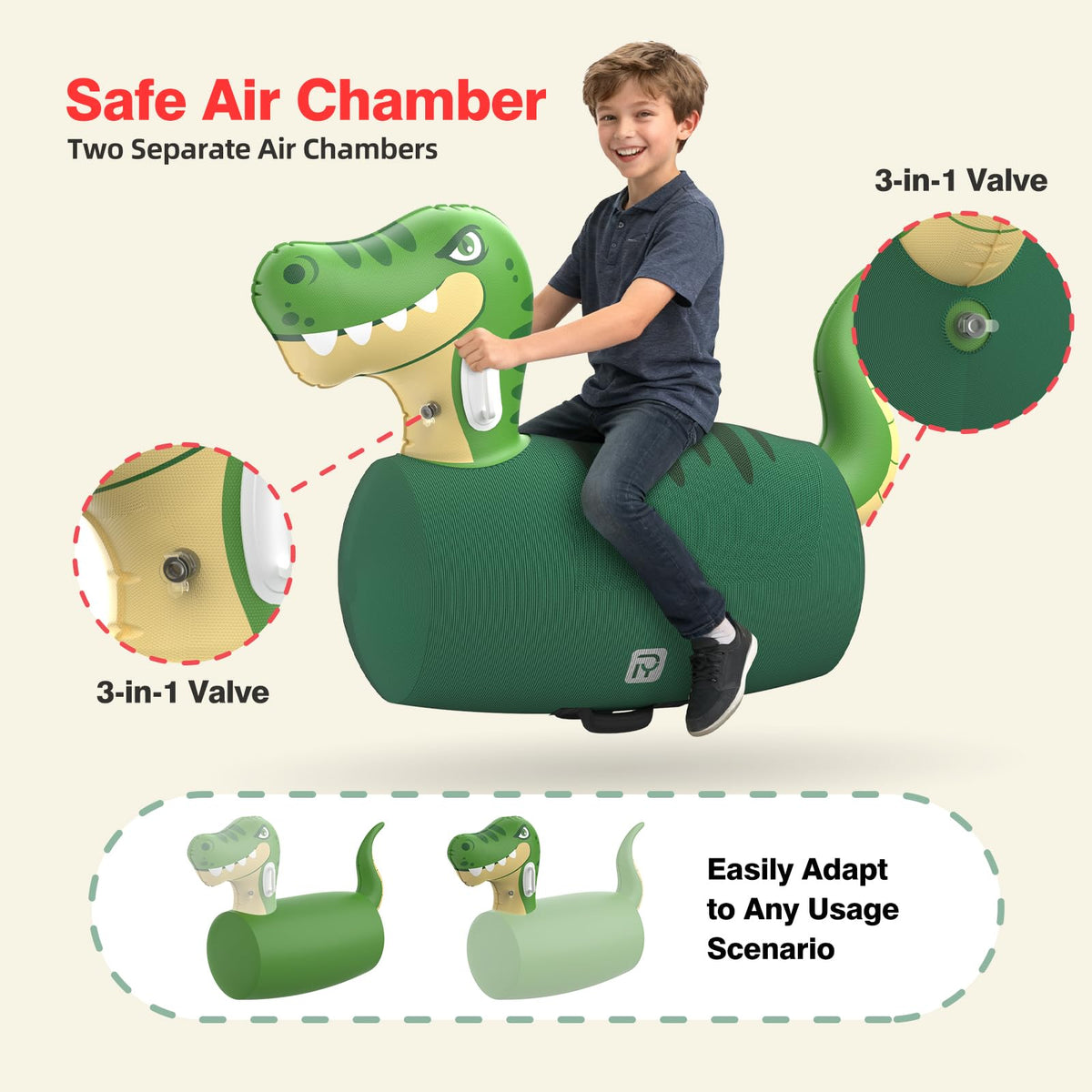 POVRYE saddle-style seat and front handlebars for secure bouncing.