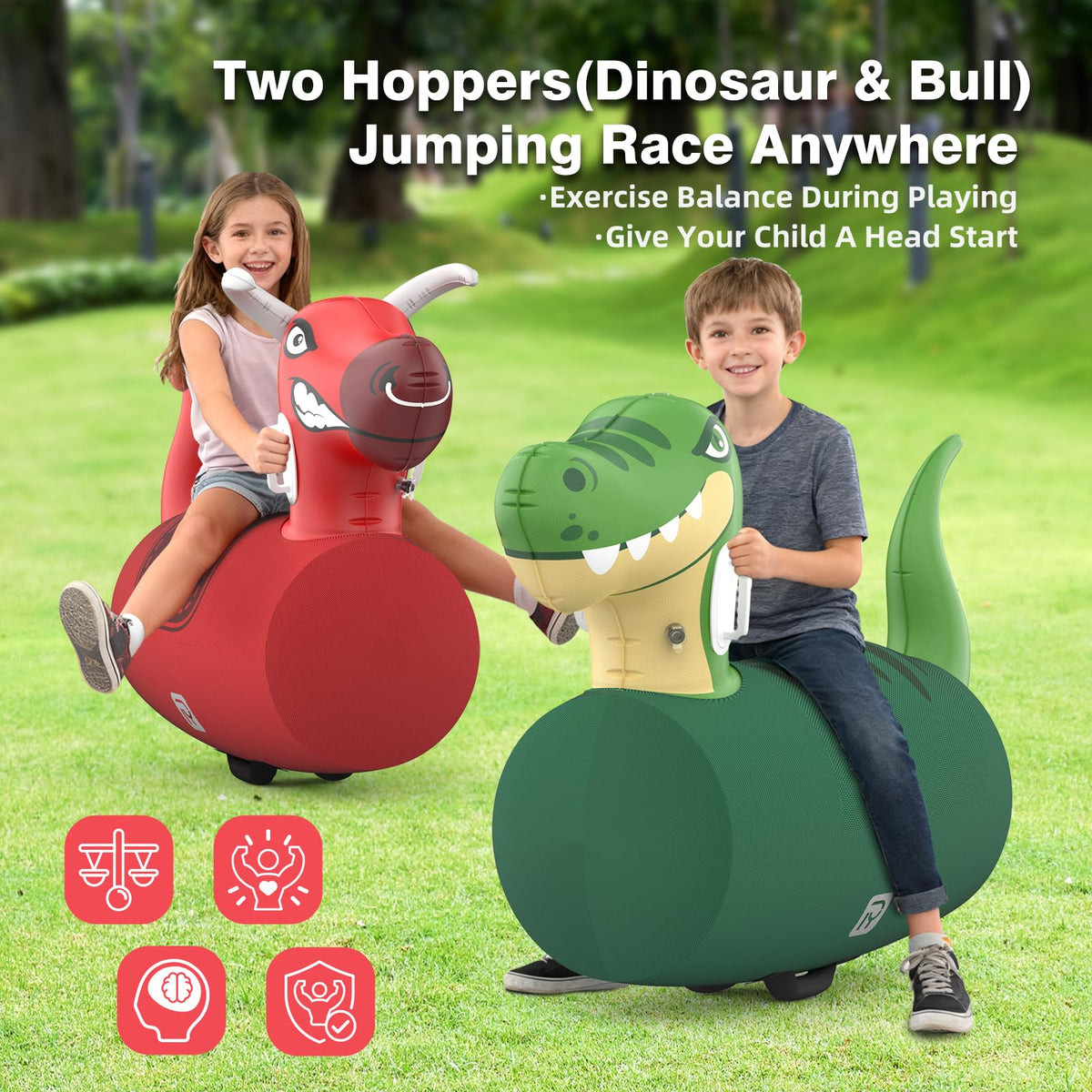 POVRYE two-pack bounce toys, dinosaur and bull, ideal for social play.