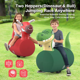 POVRYE two-pack bounce toys, dinosaur and bull, ideal for social play.