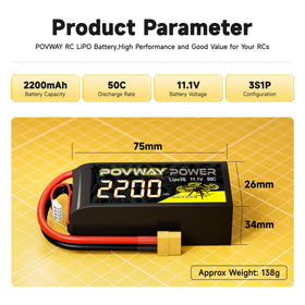 POVWAY compact 3S 2200mAh battery dimensions 75x34x26.5mm for tight builds.