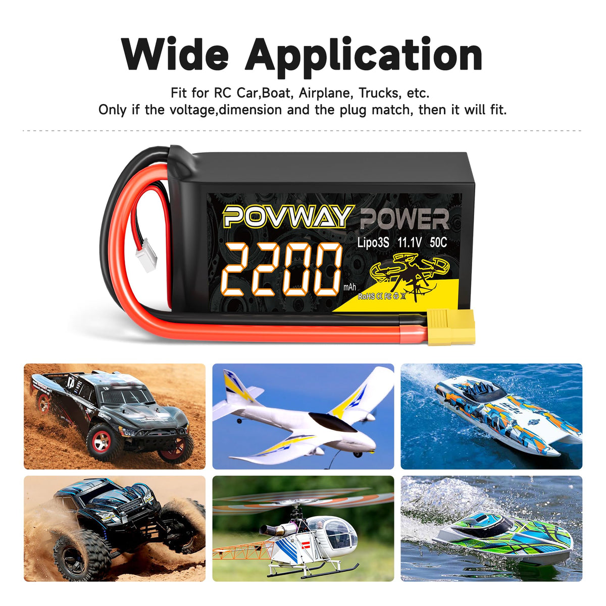 POVWAY two-pack with 50C discharge for demanding RC duty.