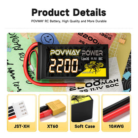 POVWAY XT60 plug close-up on a 3S Lipo battery for easy connections.