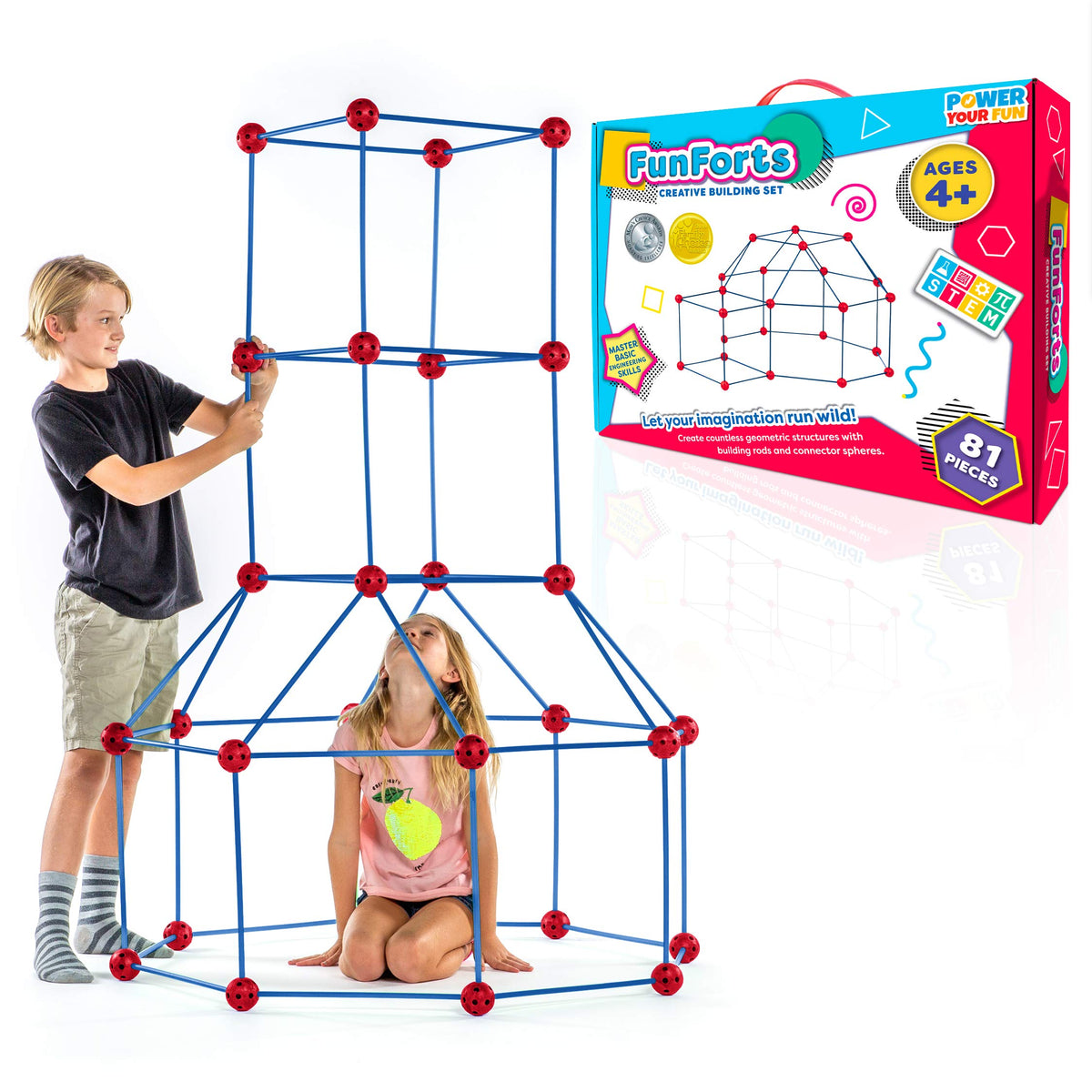 Power Your Fun Fun Forts kit showing 53 rods and 28 spheres for creative builds
