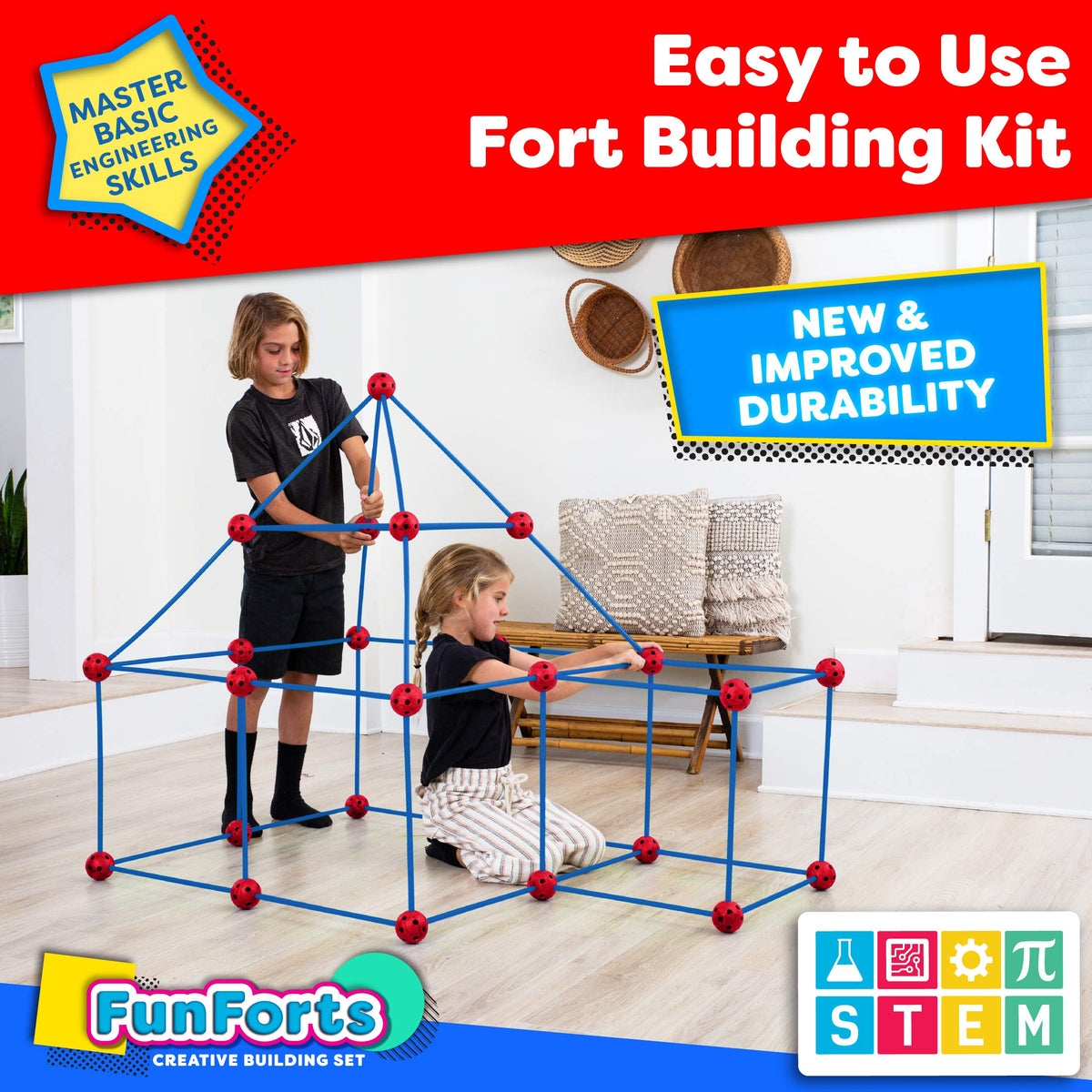 Close-up of rods and spheres assembling a versatile fort design with Power Your Fun