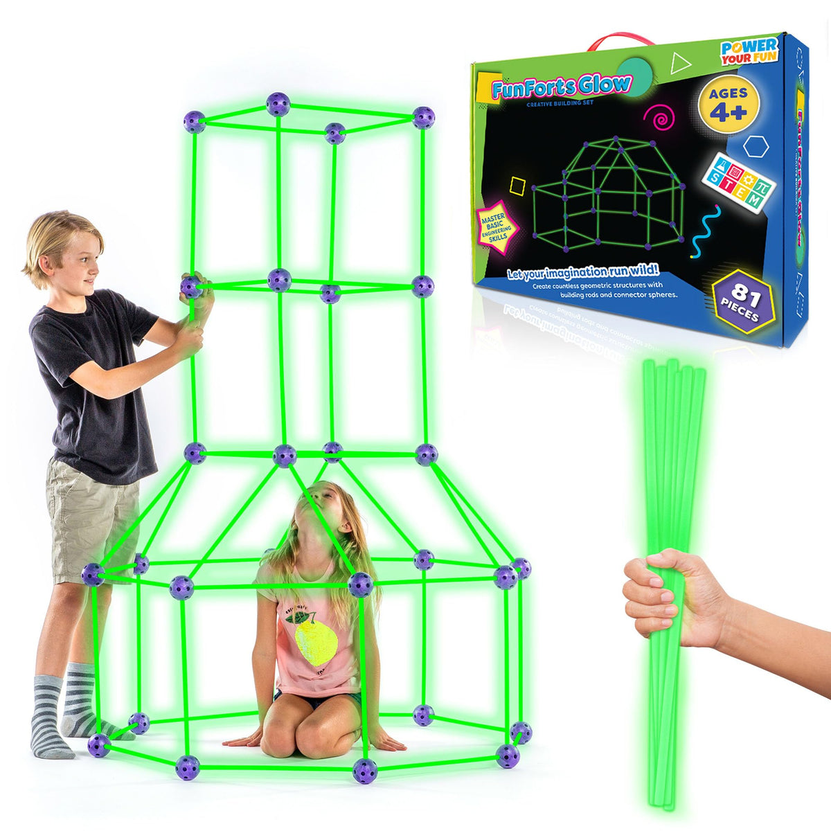 Power Your Fun Glow Fort Kit with 53 rods and 28 spheres for imaginative building play.