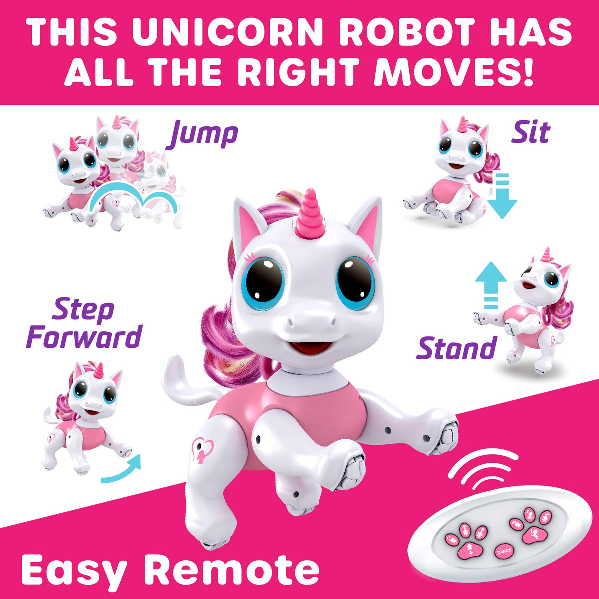 Power Your Fun Robo Pets Unicorn pink-adventure-mode showcases autonomous roaming and safe room exploration.