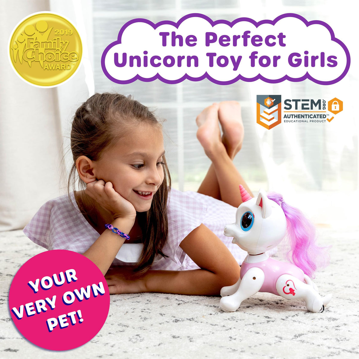 Power Your Fun Robo Pets Unicorn pink-gesture-mode demonstrates hands-free interaction and training potential.