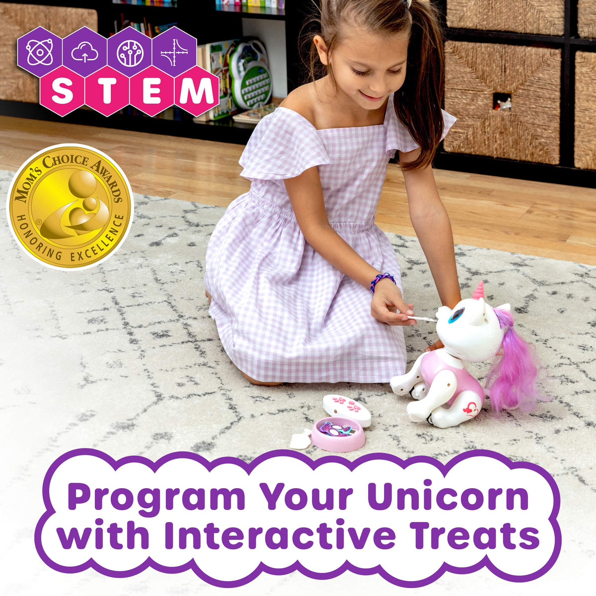 Power Your Fun Robo Pets Unicorn pink-program-treats reveals programmable sequences and LED eye delight.