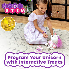 Power Your Fun Robo Pets Unicorn pink-program-treats reveals programmable sequences and LED eye delight.