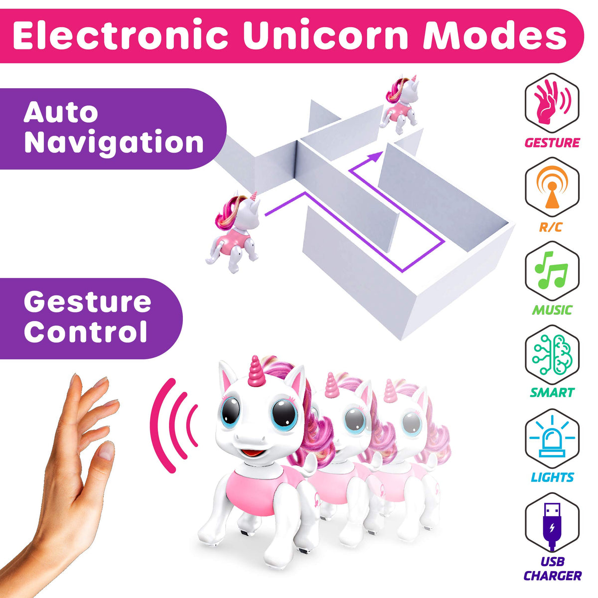 Power Your Fun Robo Pets Unicorn pink-rechargeable-battery highlights long play between charges.