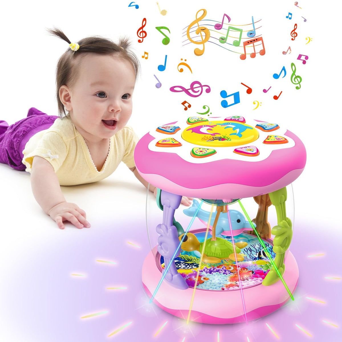 Poycuna ocean rotating dolphin with light promotes engagement and visual tracking during playtime.