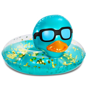 POZA duck pool float in blue with gold confetti, great for family pool days