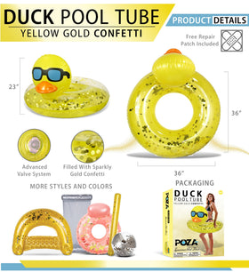 POZA duck pool float wearing sunglasses for playful summer lounging.