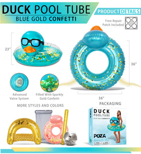 POZA duck pool float wearing sunglasses with orange beak for sunny lounging
