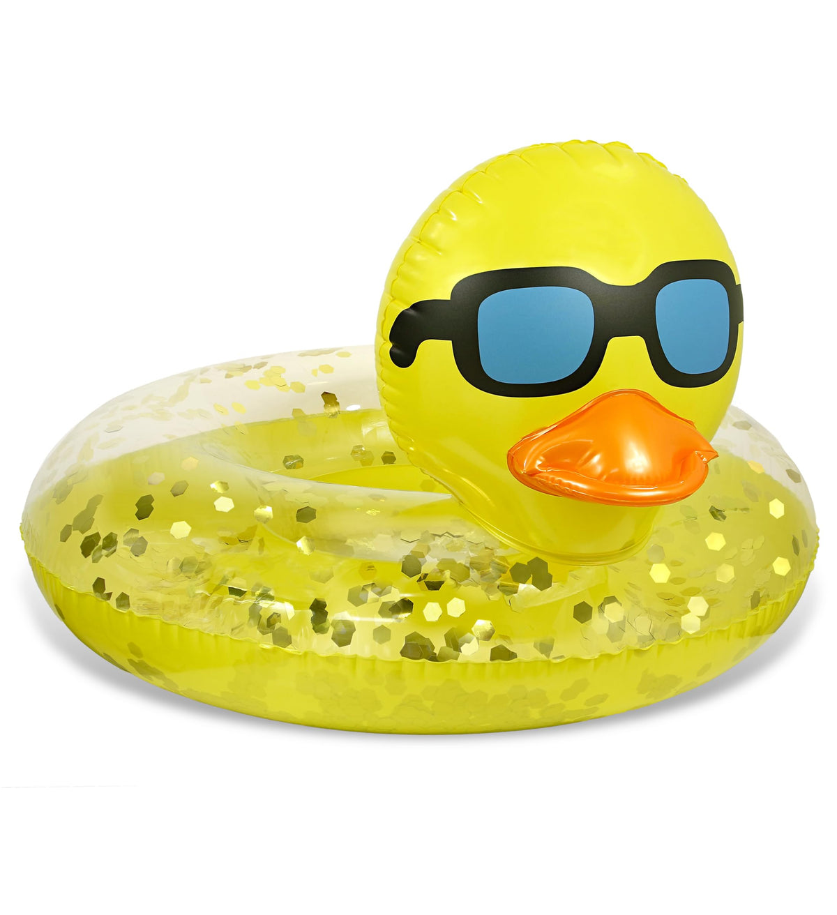 POZA duck pool float with yellow gold confetti for sunny pool lounging.