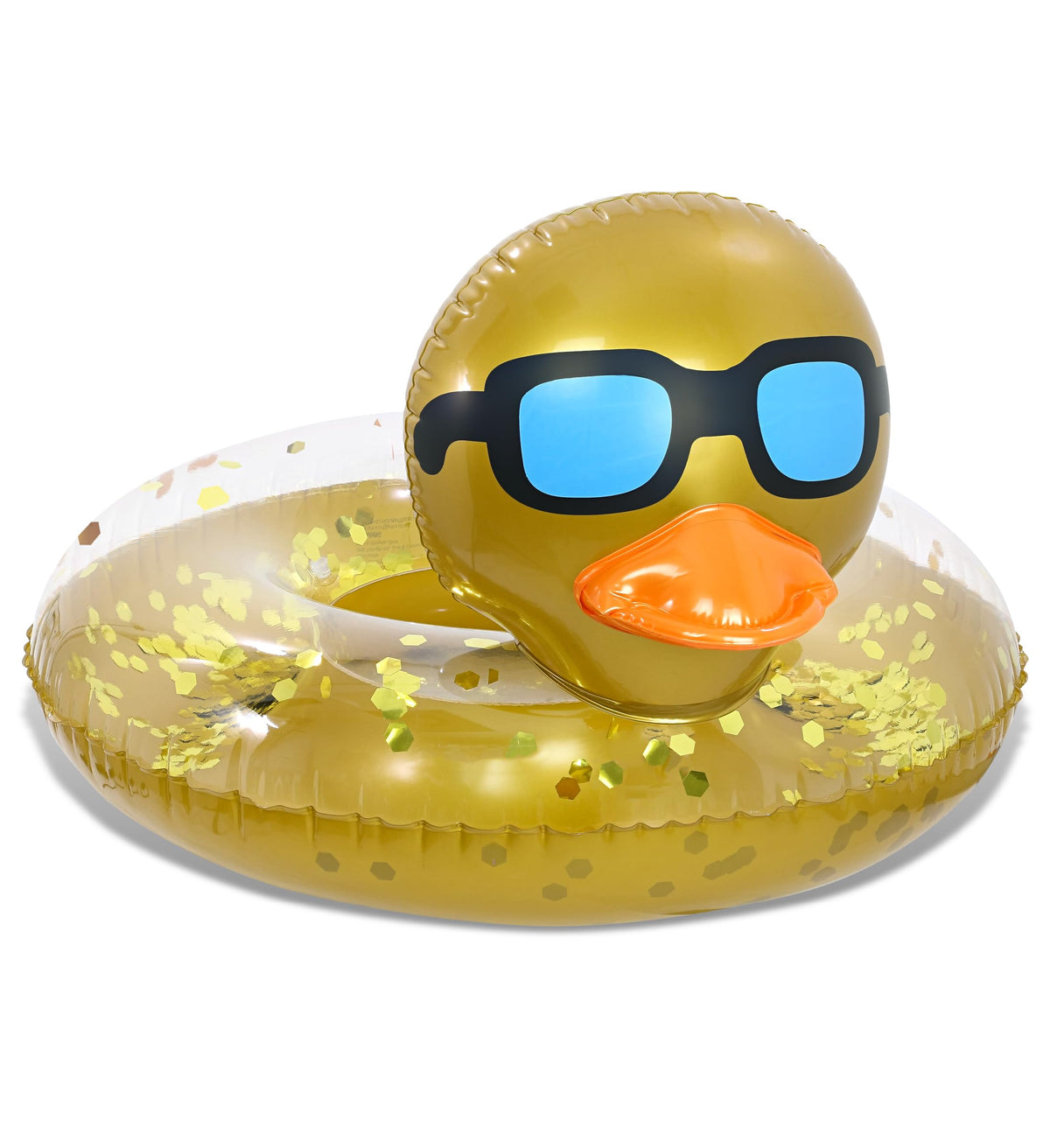 POZA gold confetti duck float in pool, durable UV-resistant design for sunny days