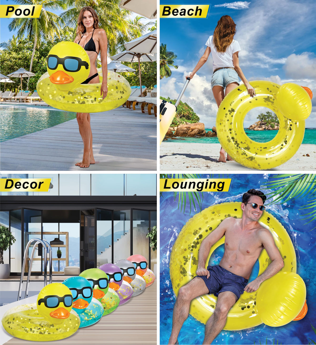 POZA yellow gold confetti duck float detail adds party vibes.