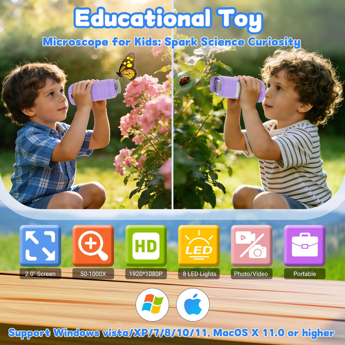 Pozifu kids microscope with 8 LED lights for detailed observation in any setting.