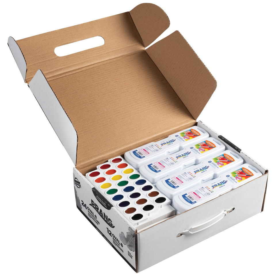 Prang Master Pack oval pan watercolor set showing 24 vivid pigments for versatile art projects.