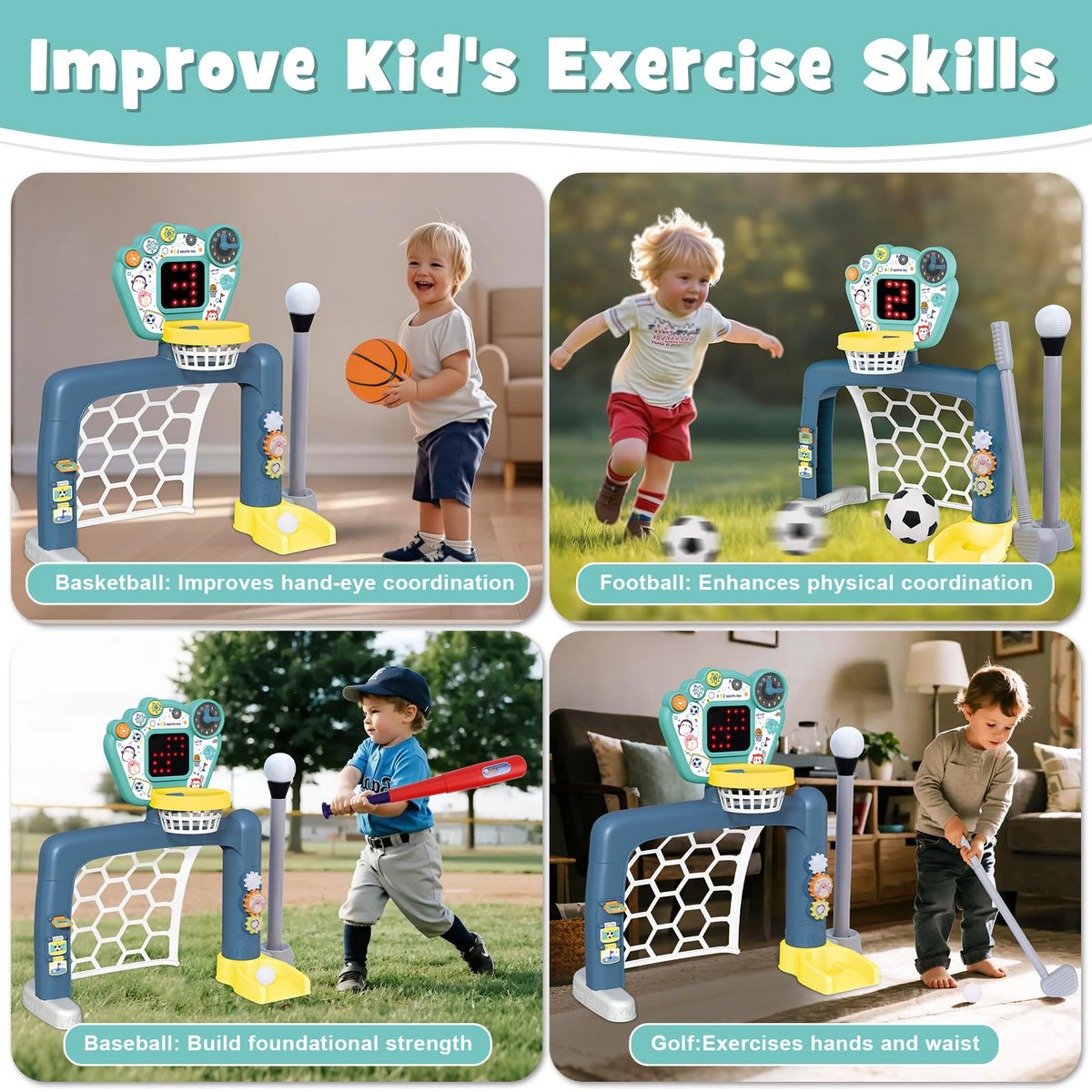PRE-WORLD 4-in-1 golf-baseball focus for versatile skill games.