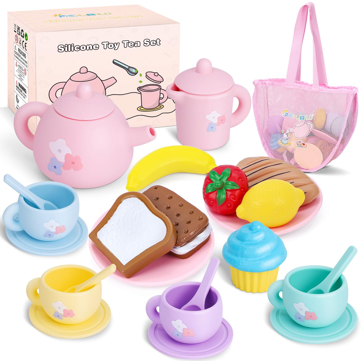 PRE-WORLD silicone tea set teapot for imaginative play and mess-free tea parties