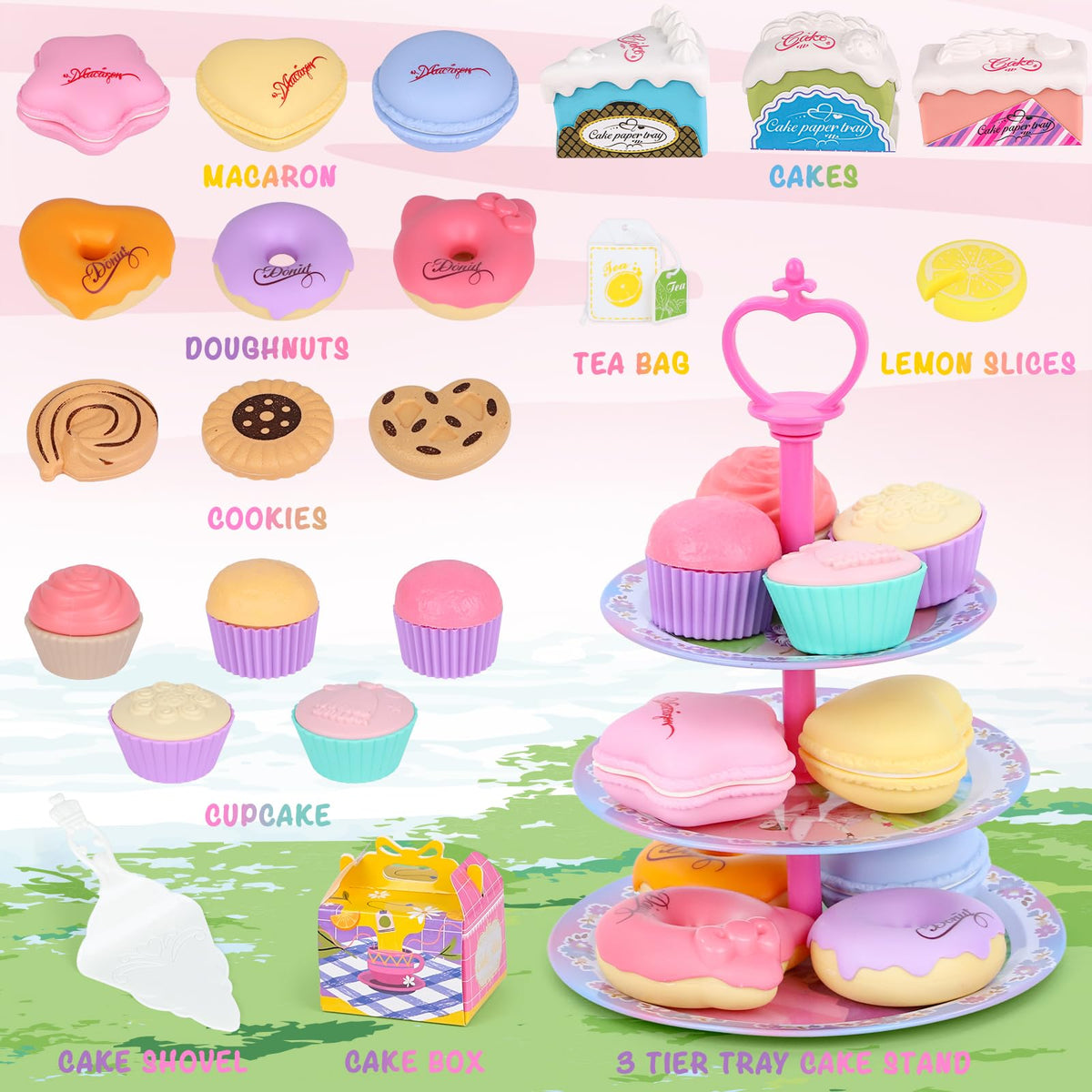 PRE-WORLD Tea Party Set 3-tier cake stand creates a realistic party display for playtime.