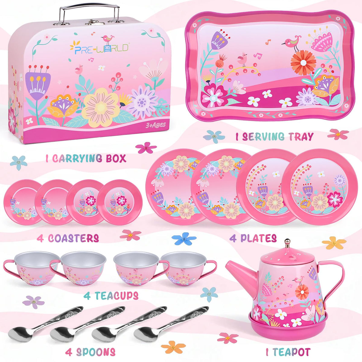 PRE-WORLD tablecloth adds color and easy cleanup to tea parties.