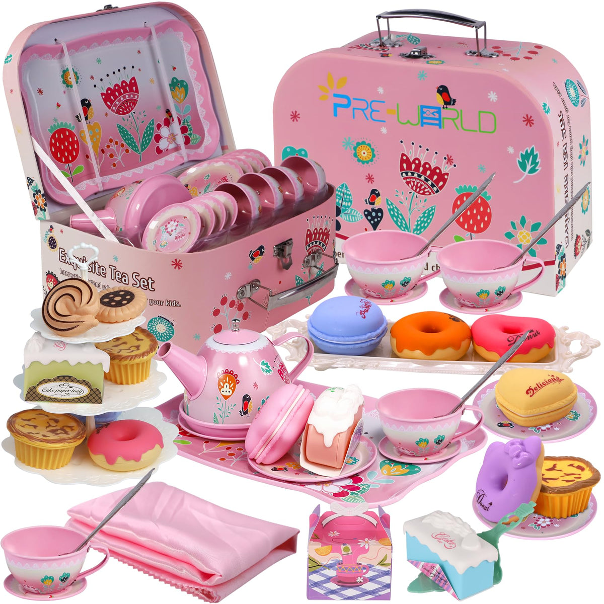 PRE-WORLD Tea Party Set teapot with durable tin coated iron for safe pretend tea