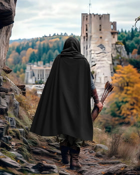 Cosplay ensemble featuring the Prebene hooded cloak for Renaissance fairs.