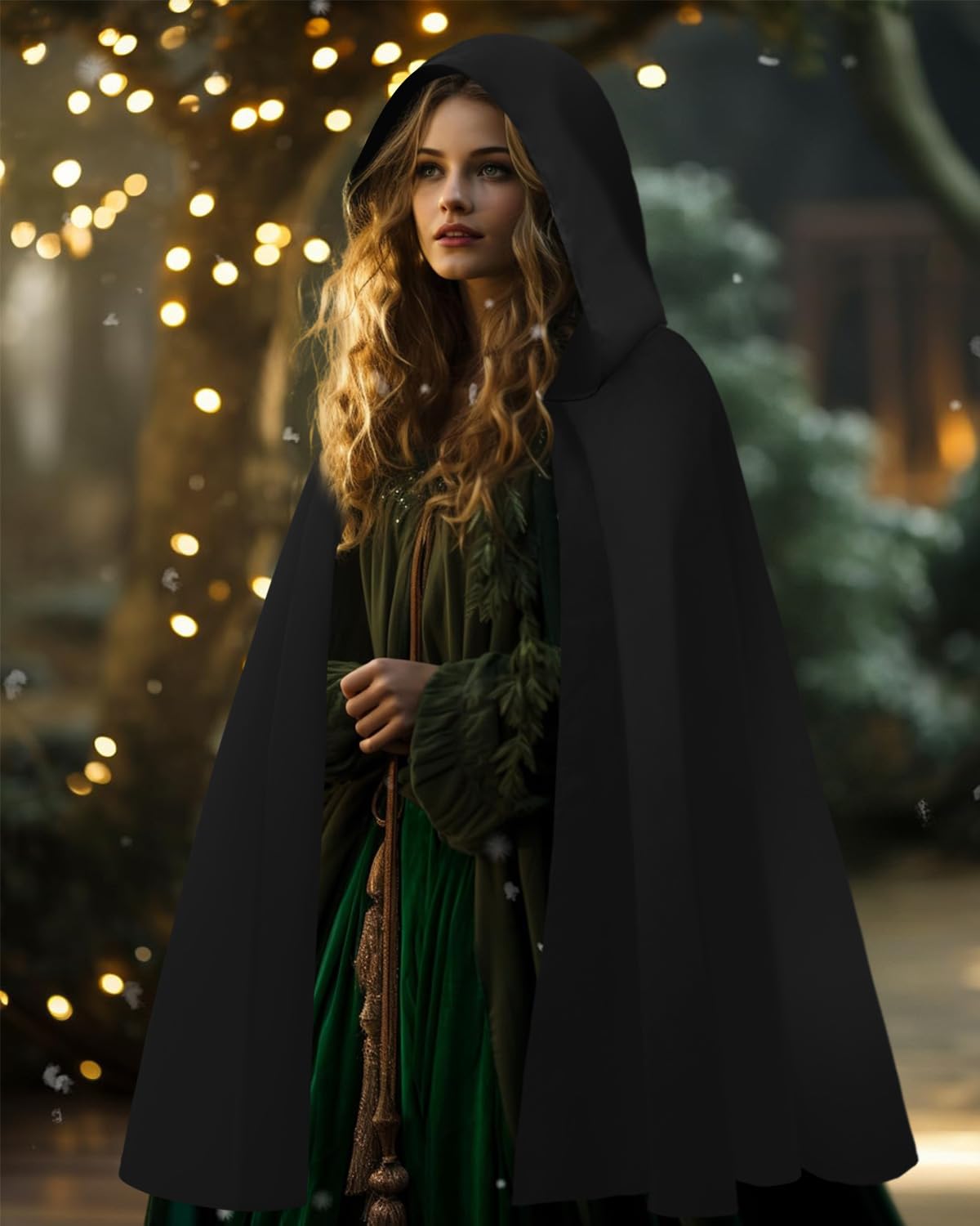 Golden buckle closeup on the Prebene Renaissance hooded cloak exudes medieval elegance.