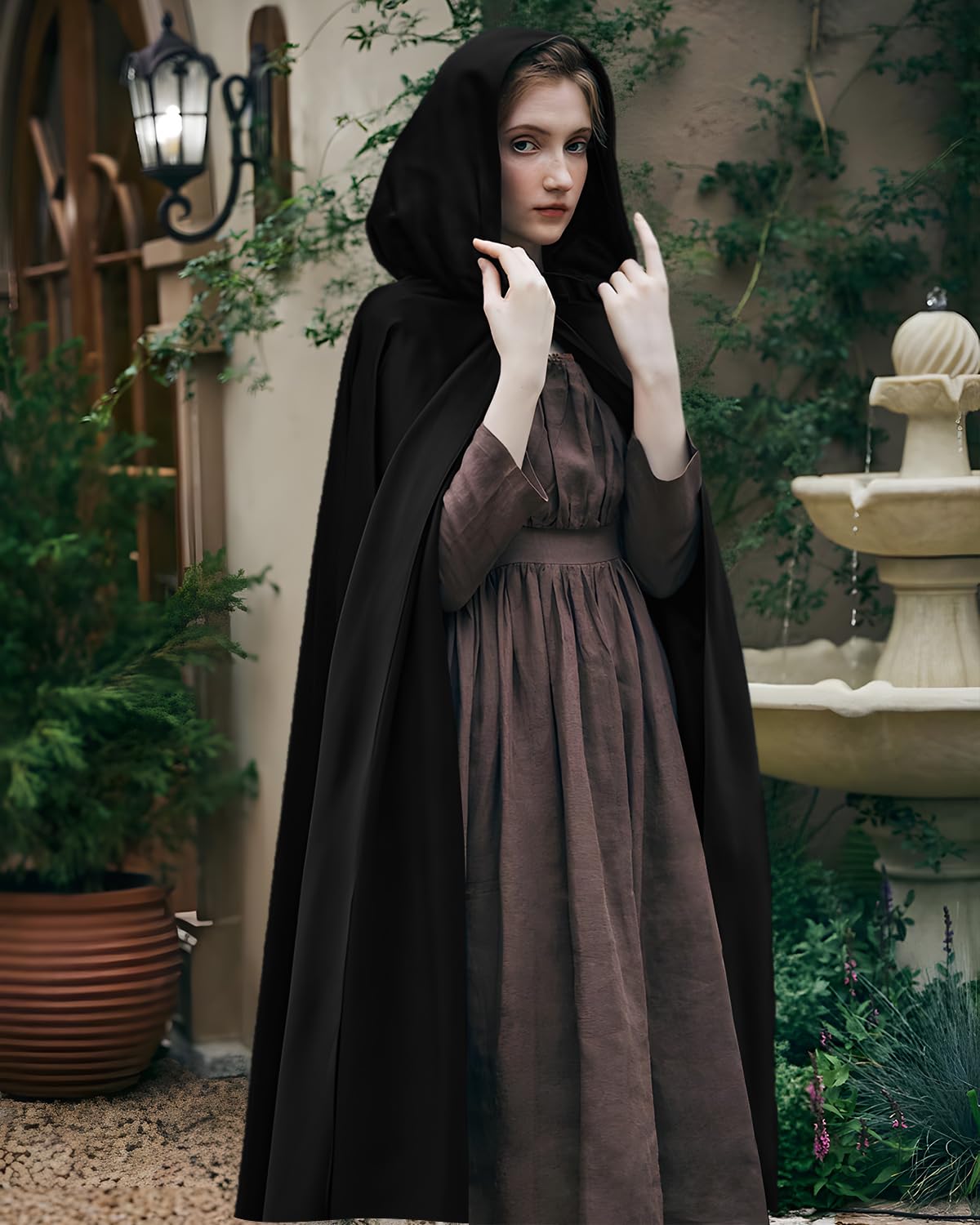 Medieval gothic look achieved with the Prebene Renaissance hooded cloak.