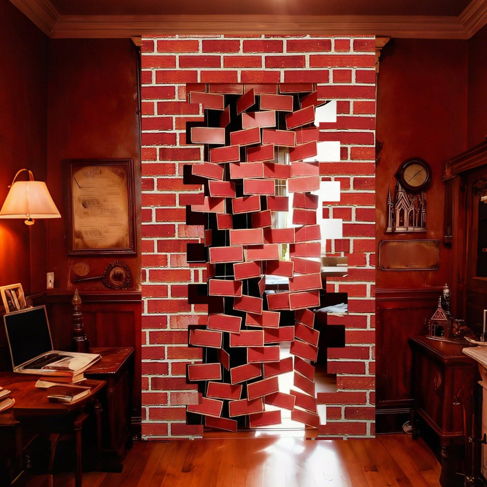 Preboun wizard door sign with red brick backdrop, ideal for party entrances.