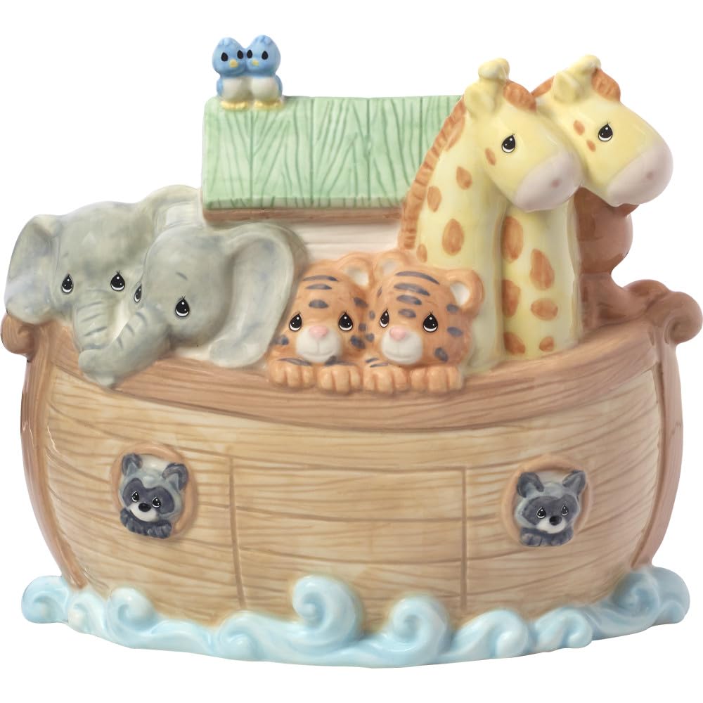 Precious Moments Noah's Ark piggy bank front view with bright animals for nursery decor
